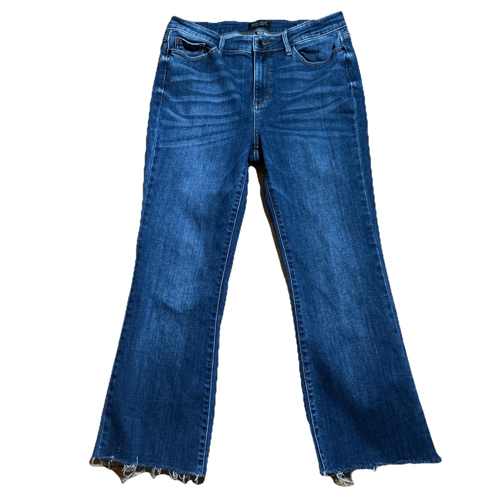 Judy Blue Jeans Women's 13/31 Dark Wash Mid Rise Raw Hem Boot Cut Stretch Denim